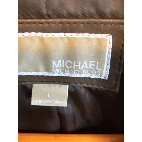 Michael Kors Brown Leather Jacket L Moto Biker Zip Faux Fur Collar Gold Accents - Picture 3 of 10